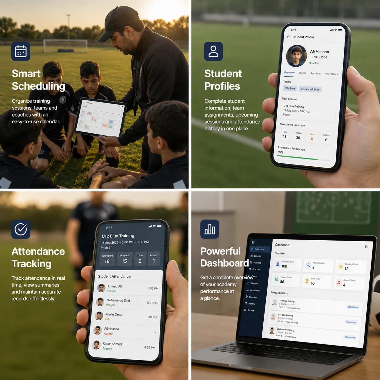 Football academy scheduling, student profiles, attendance, and dashboard features
